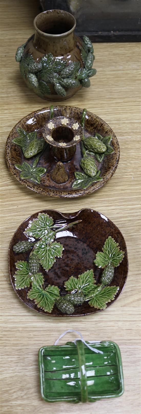 A Rye pottery candle holder, vase, dish and miniature trug.